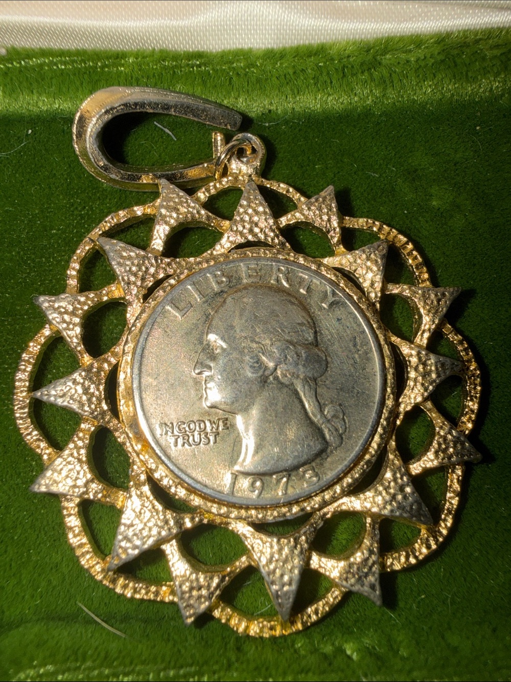 Gold-Tone Sunburst Coin Pendant Charm - Women Jewelry. 1973 Quarter